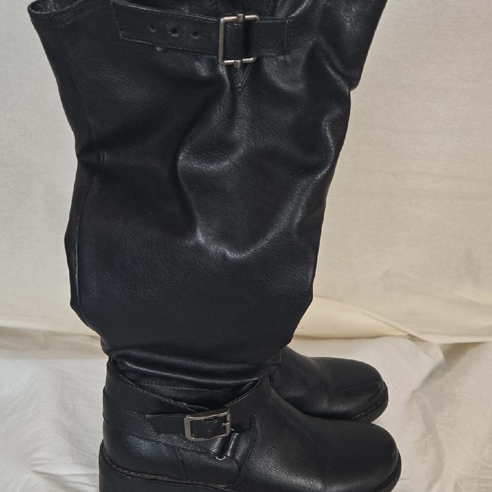 Fergie Black Faux Leather Knee High Boots with Buckles
